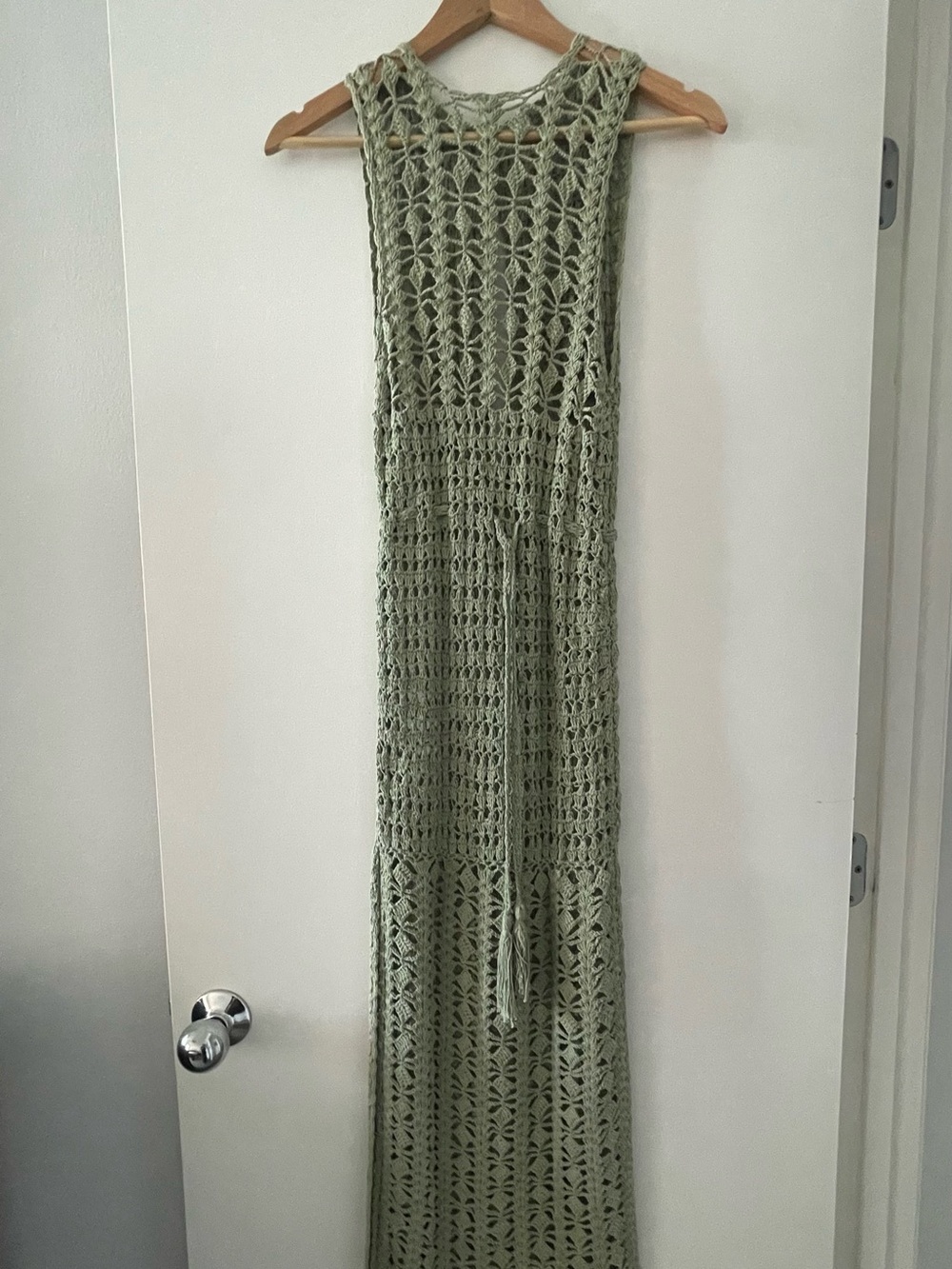 NWOT Flook Seagrass Green Crochet Maxi Dress with Waist Tie